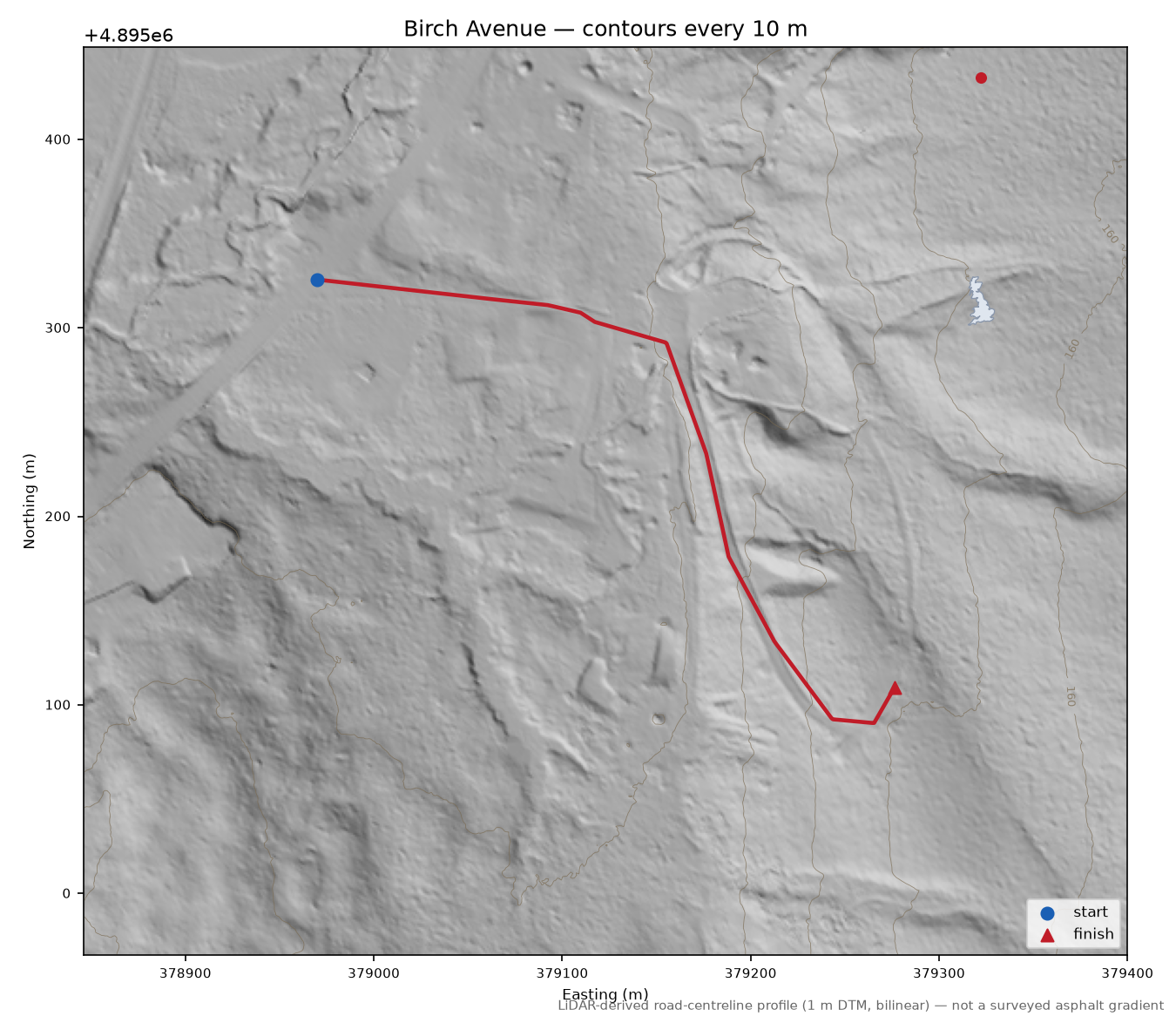 Birch Avenue LiDAR hillshade map with contours