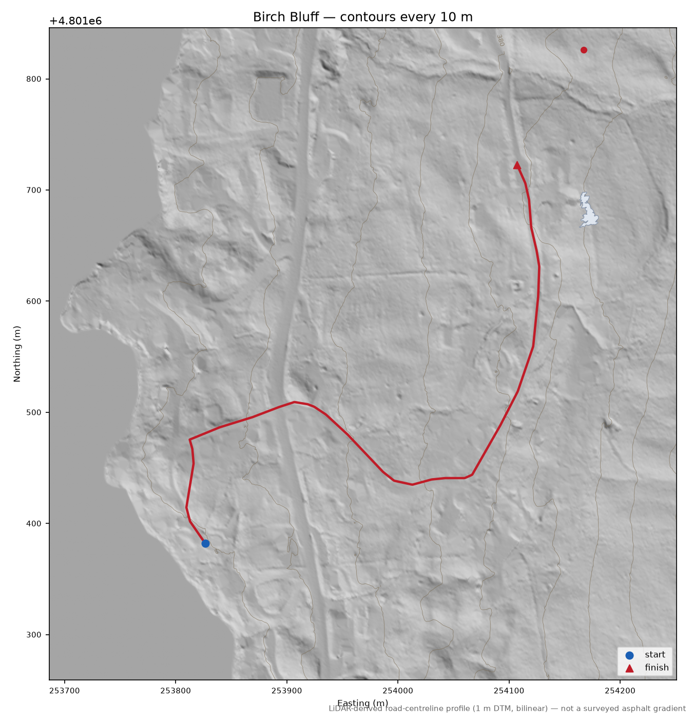 Birch Bluff LiDAR hillshade map with contours