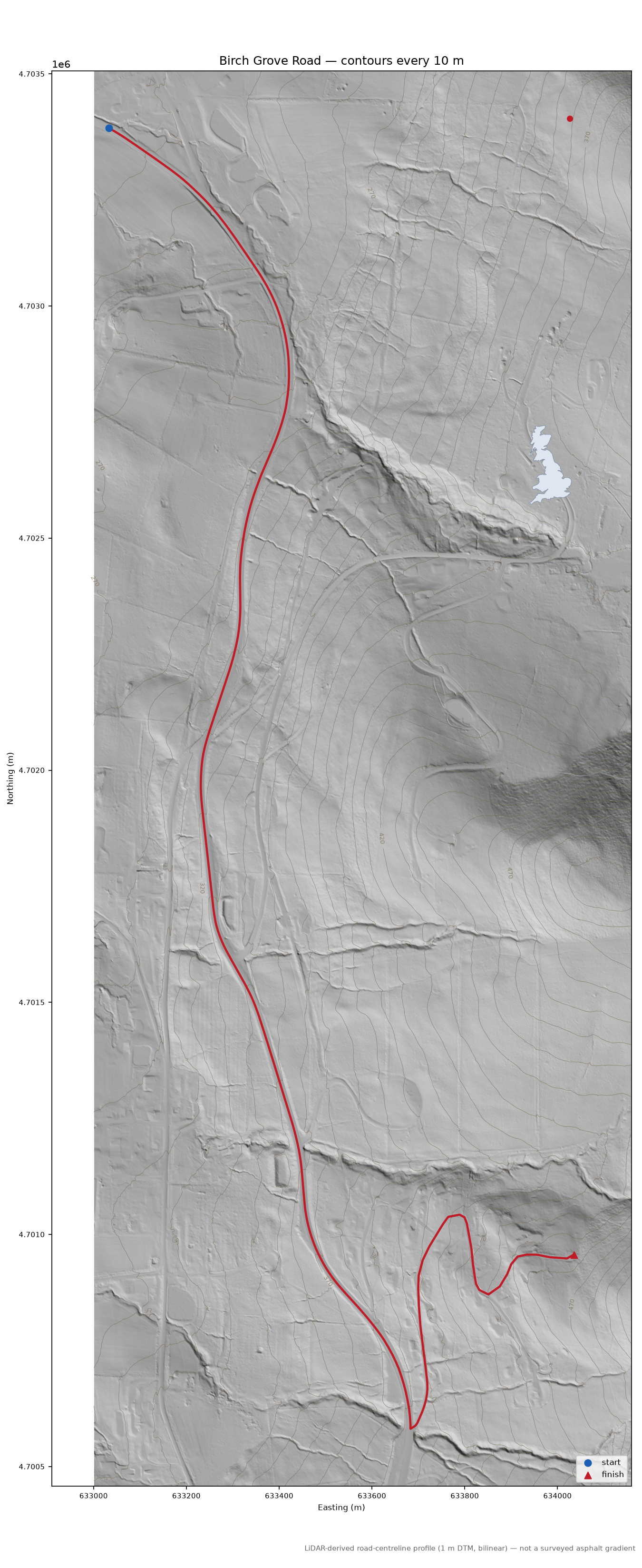 Birch Grove Road LiDAR hillshade map with contours