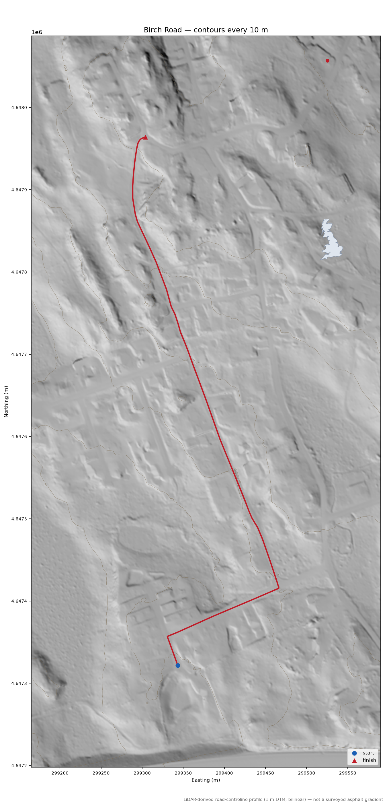 Birch Road LiDAR hillshade map with contours
