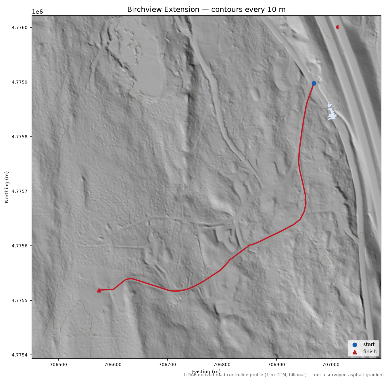Birchview Extension LiDAR hillshade map with contours