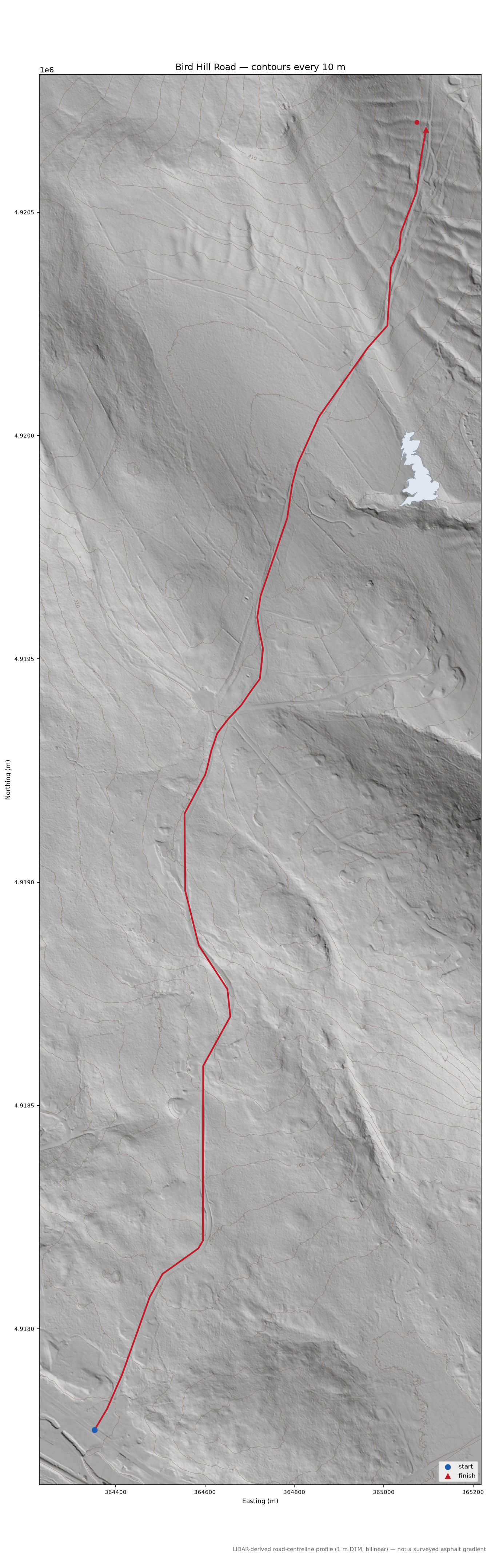 Bird Hill Road LiDAR hillshade map with contours
