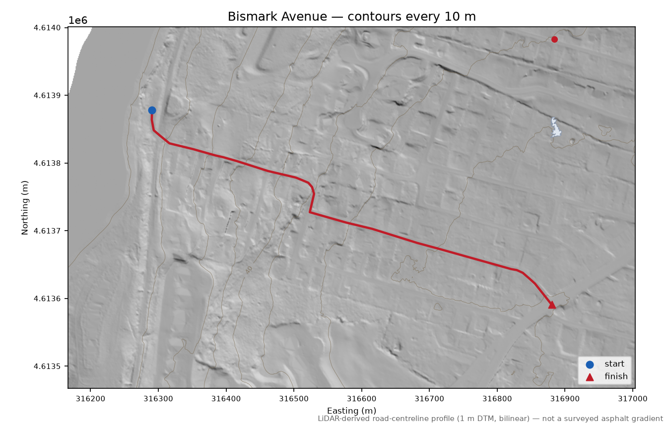 Bismark Avenue LiDAR hillshade map with contours