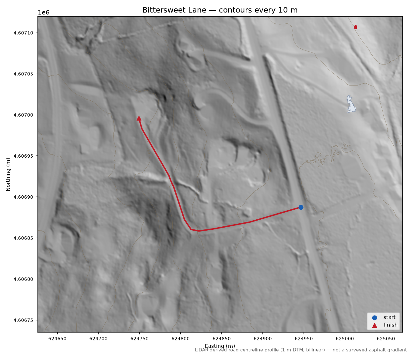 Bittersweet Lane LiDAR hillshade map with contours