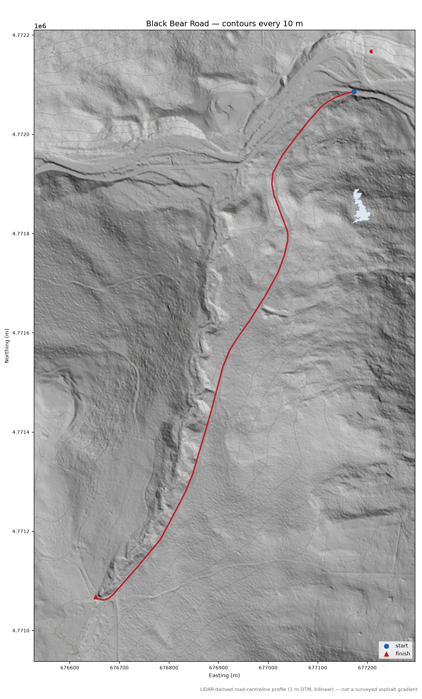 Black Bear Road LiDAR hillshade map with contours