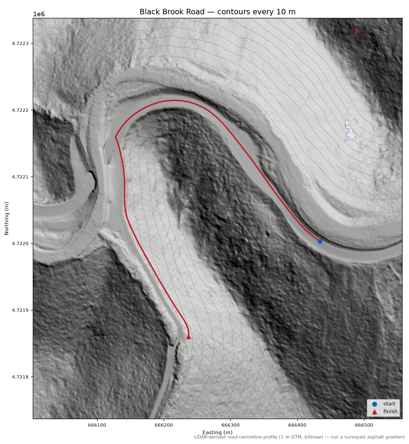 Black Brook Road LiDAR hillshade map with contours