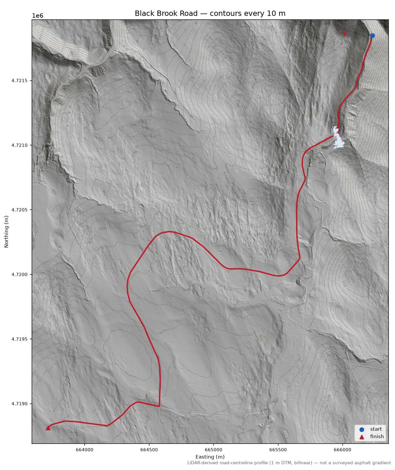 Black Brook Road LiDAR hillshade map with contours