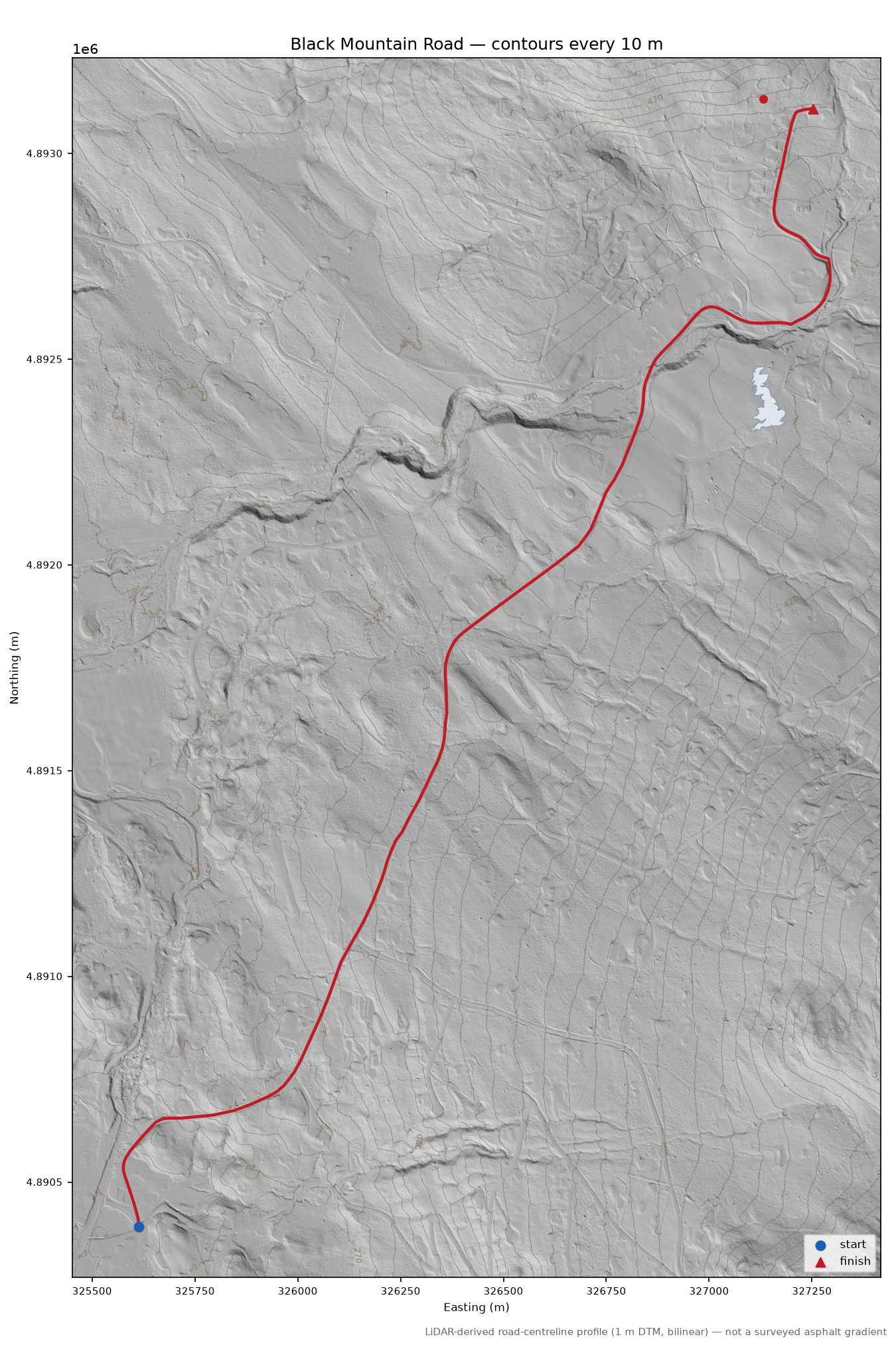 Black Mountain Road LiDAR hillshade map with contours