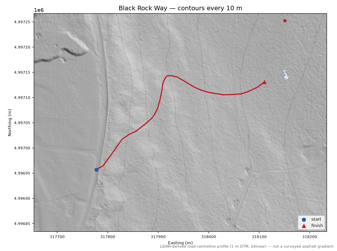 Black Rock Way LiDAR hillshade map with contours