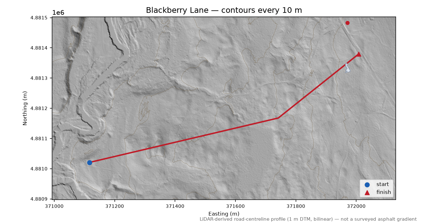 Blackberry Lane LiDAR hillshade map with contours