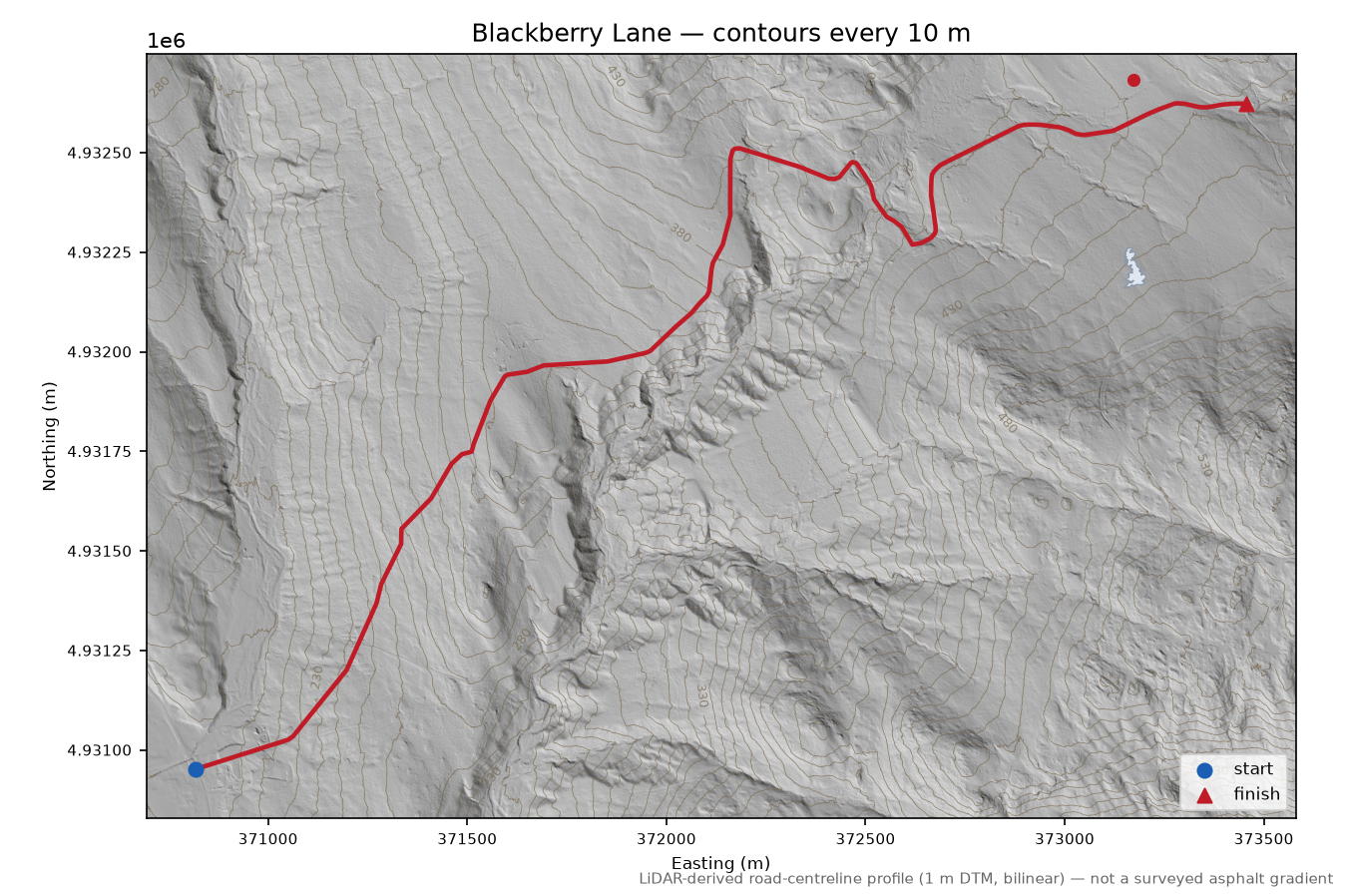 Blackberry Lane LiDAR hillshade map with contours