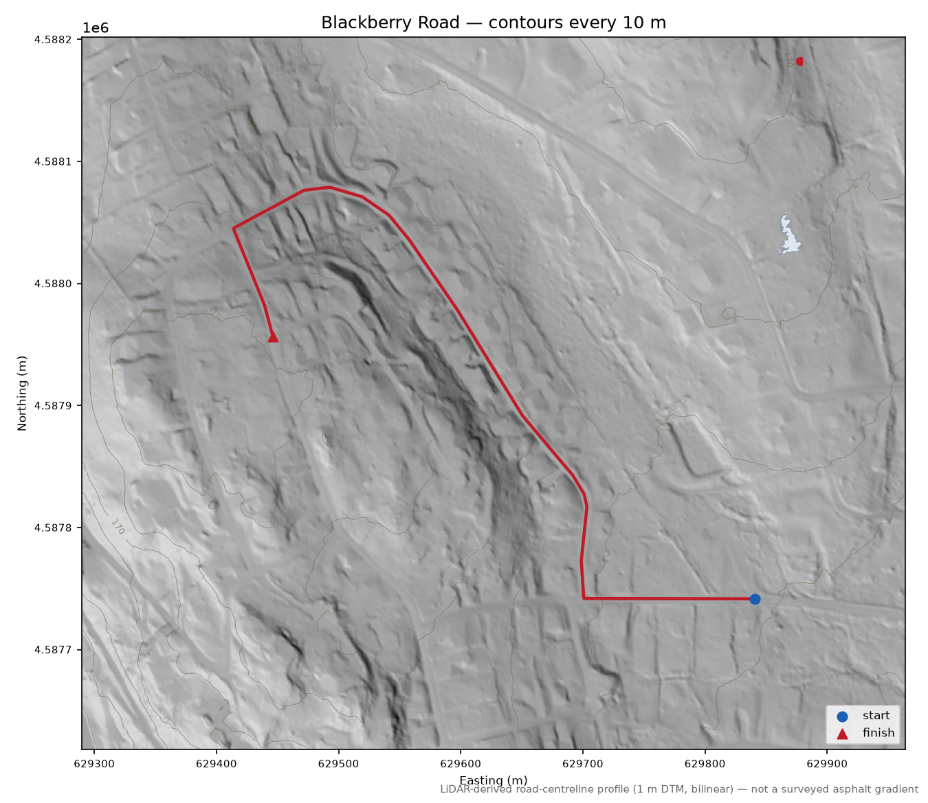 Blackberry Road LiDAR hillshade map with contours