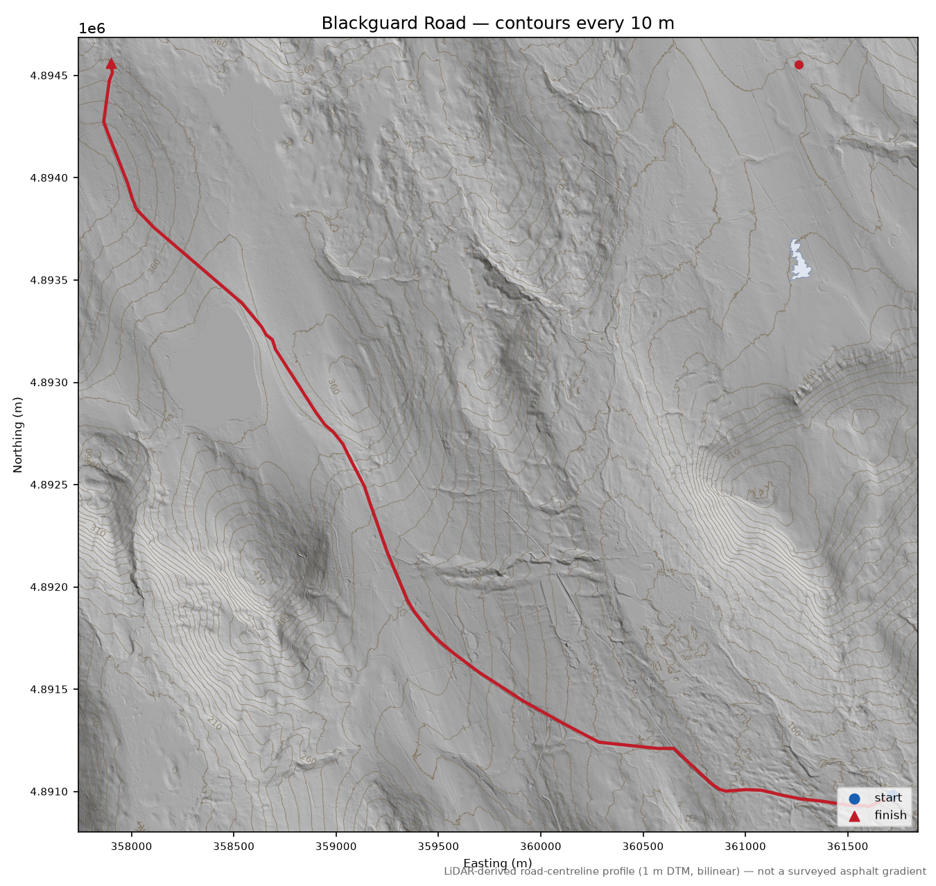 Blackguard Road LiDAR hillshade map with contours