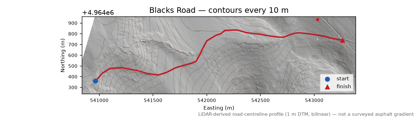 Blacks Road LiDAR hillshade map with contours