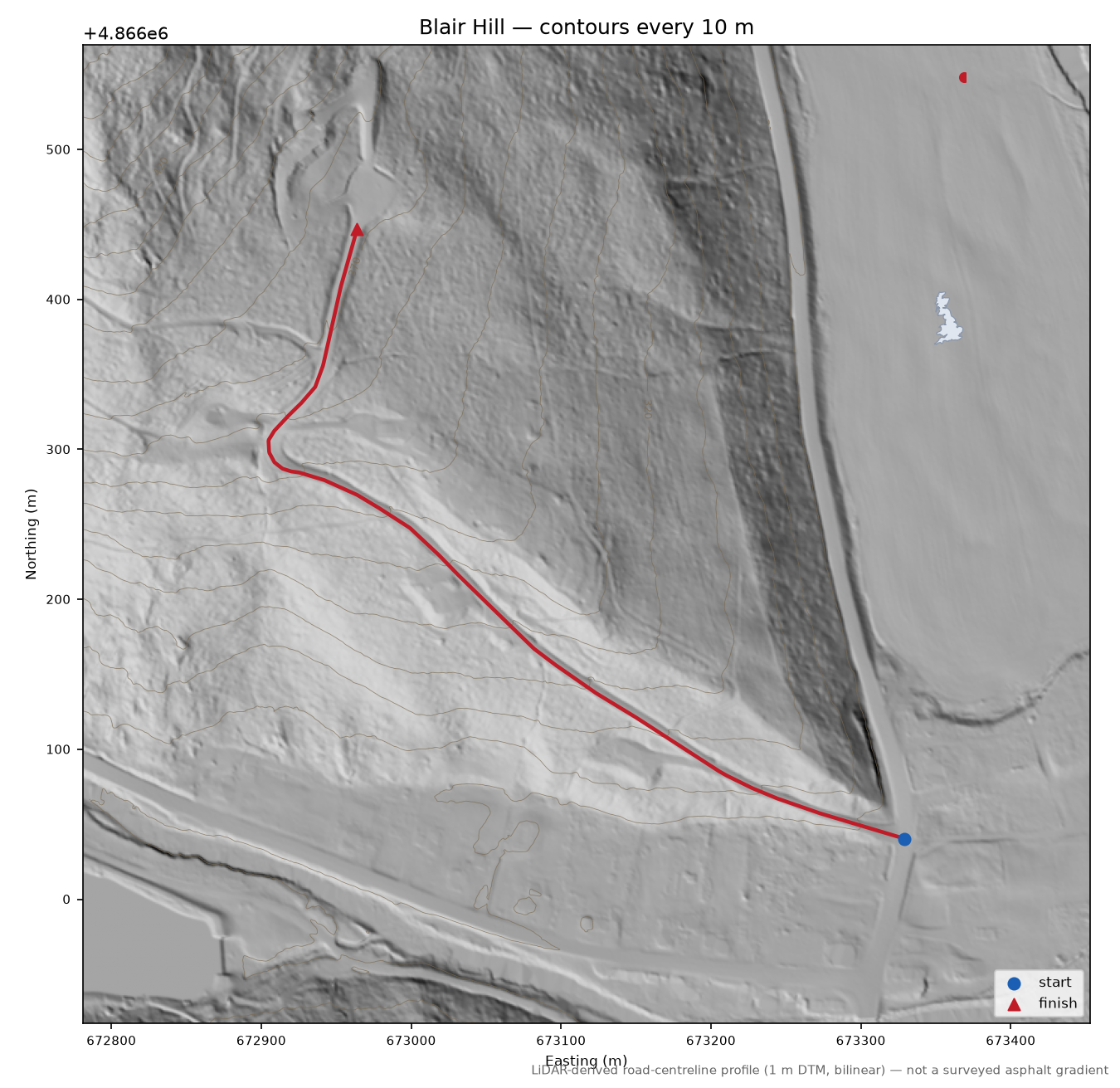Blair Hill LiDAR hillshade map with contours