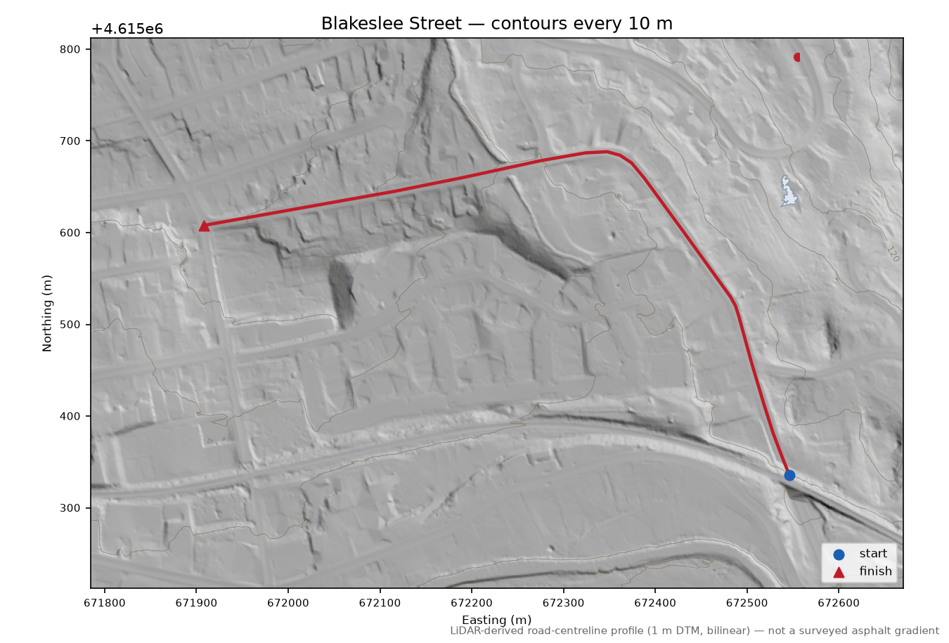 Blakeslee Street LiDAR hillshade map with contours