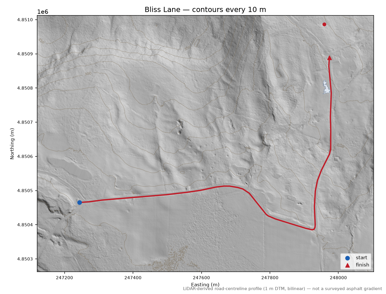 Bliss Lane LiDAR hillshade map with contours