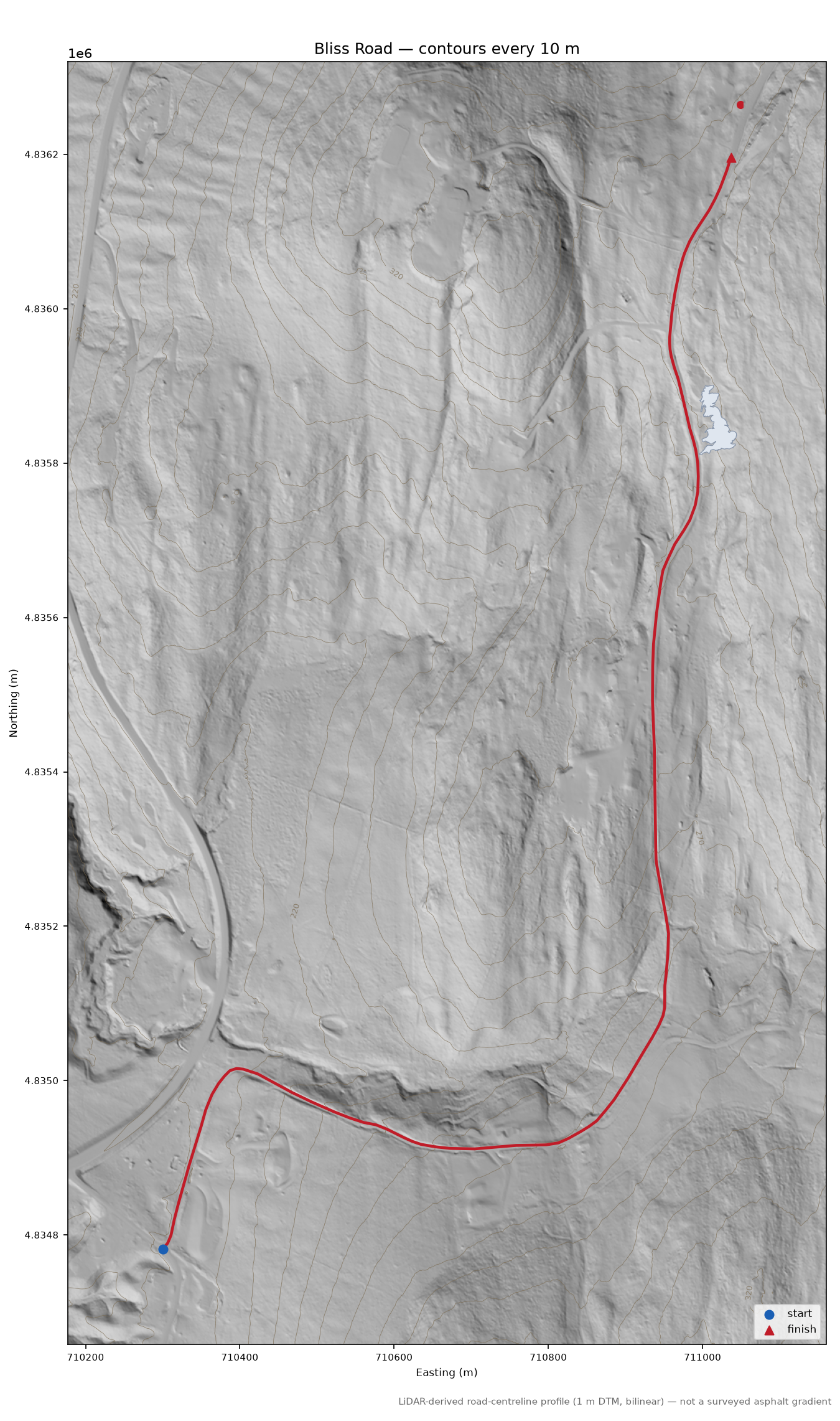 Bliss Road LiDAR hillshade map with contours