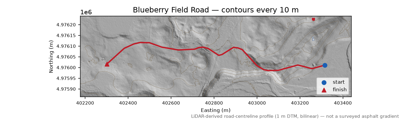 Blueberry Field Road LiDAR hillshade map with contours