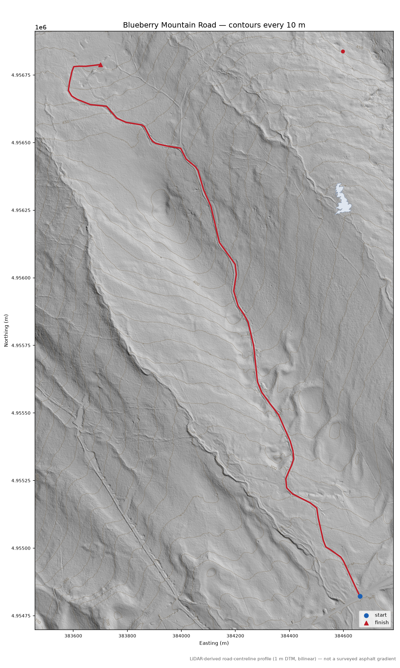 Blueberry Mountain Road LiDAR hillshade map with contours