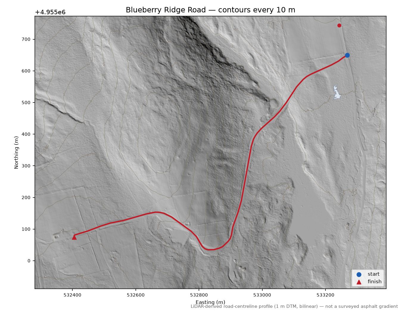 Blueberry Ridge Road LiDAR hillshade map with contours