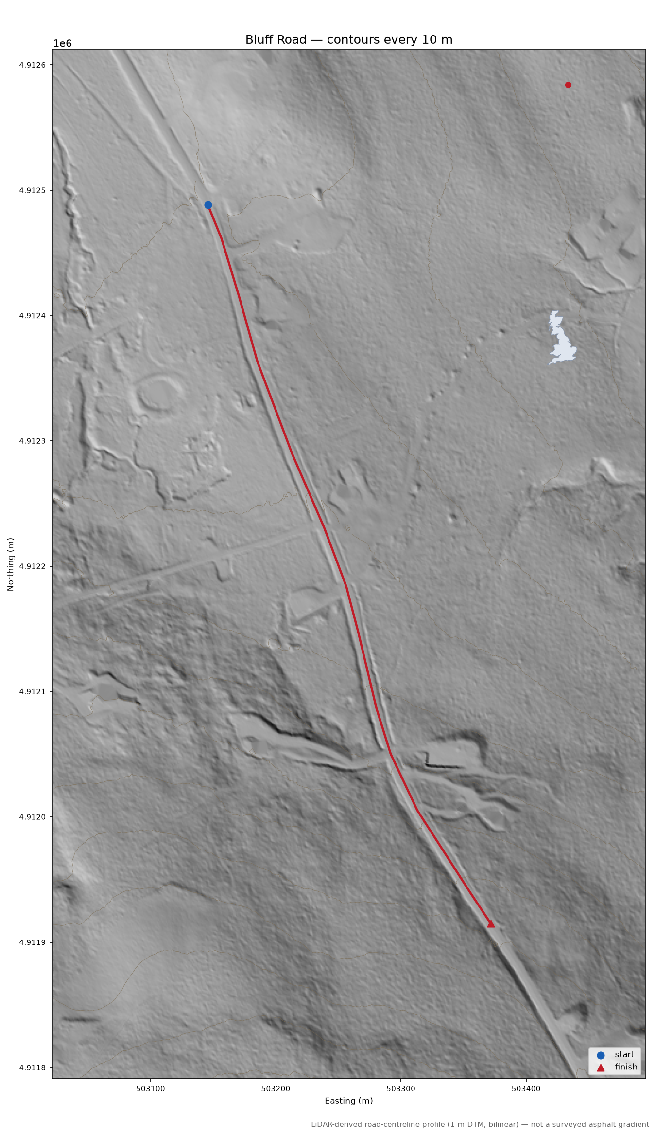 Bluff Road LiDAR hillshade map with contours