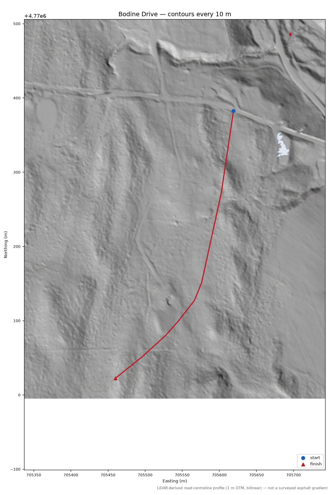 Bodine Drive LiDAR hillshade map with contours