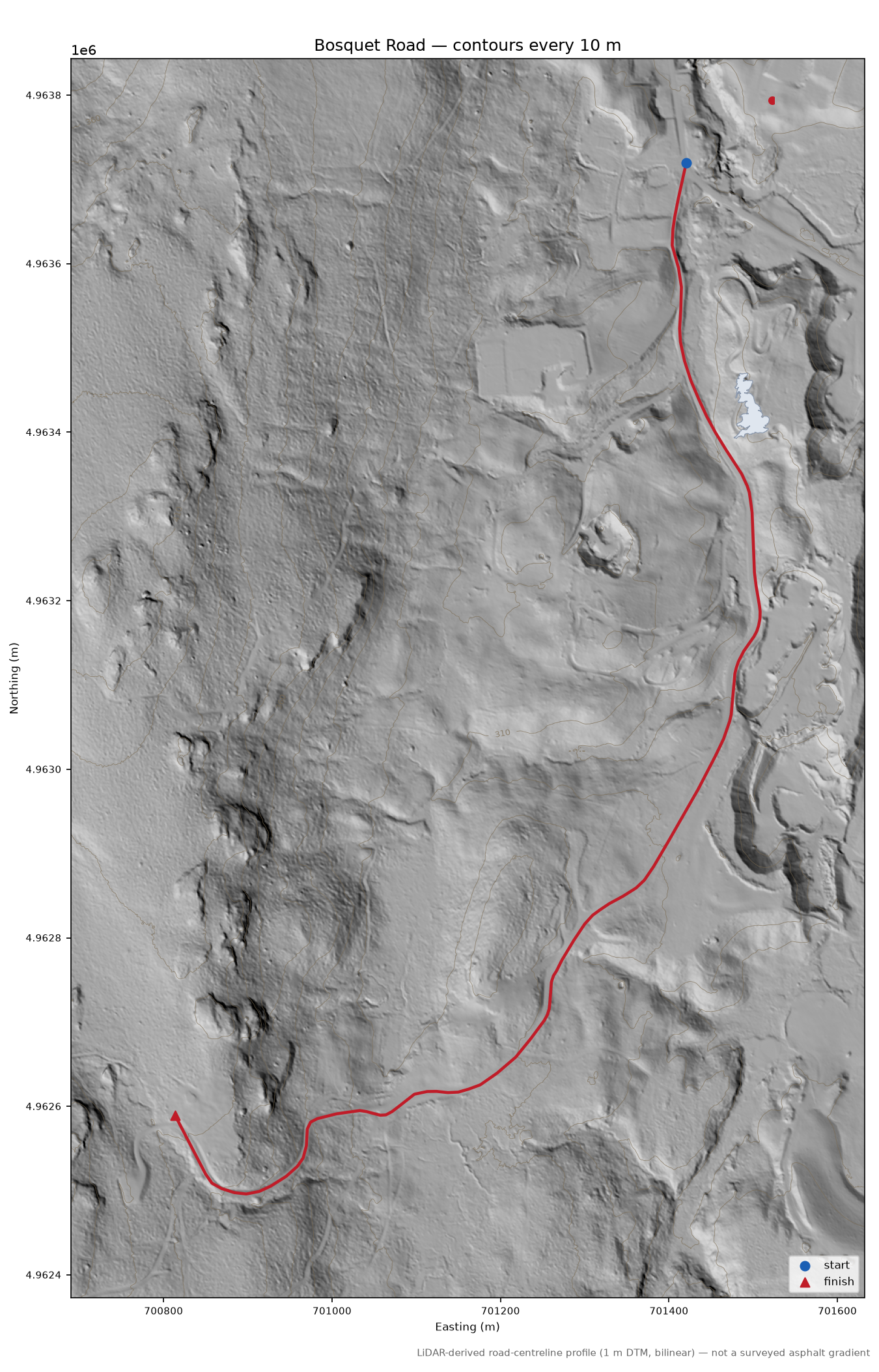 Bosquet Road LiDAR hillshade map with contours