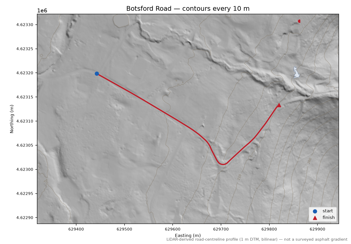 Botsford Road LiDAR hillshade map with contours