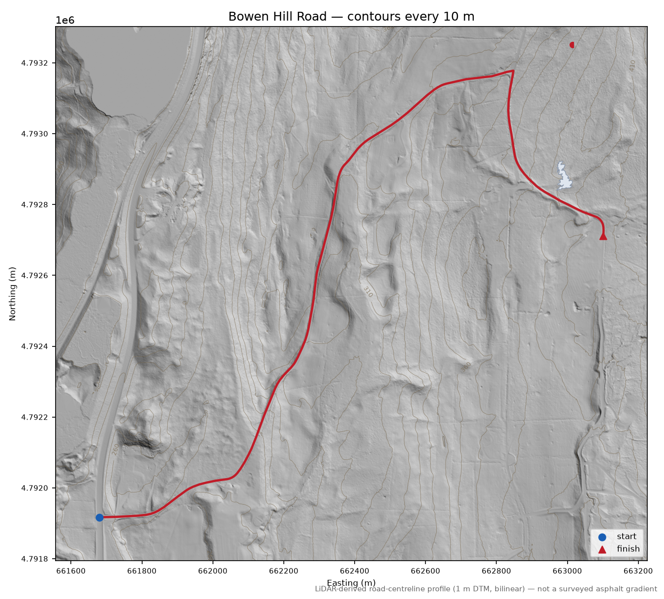 Bowen Hill Road LiDAR hillshade map with contours
