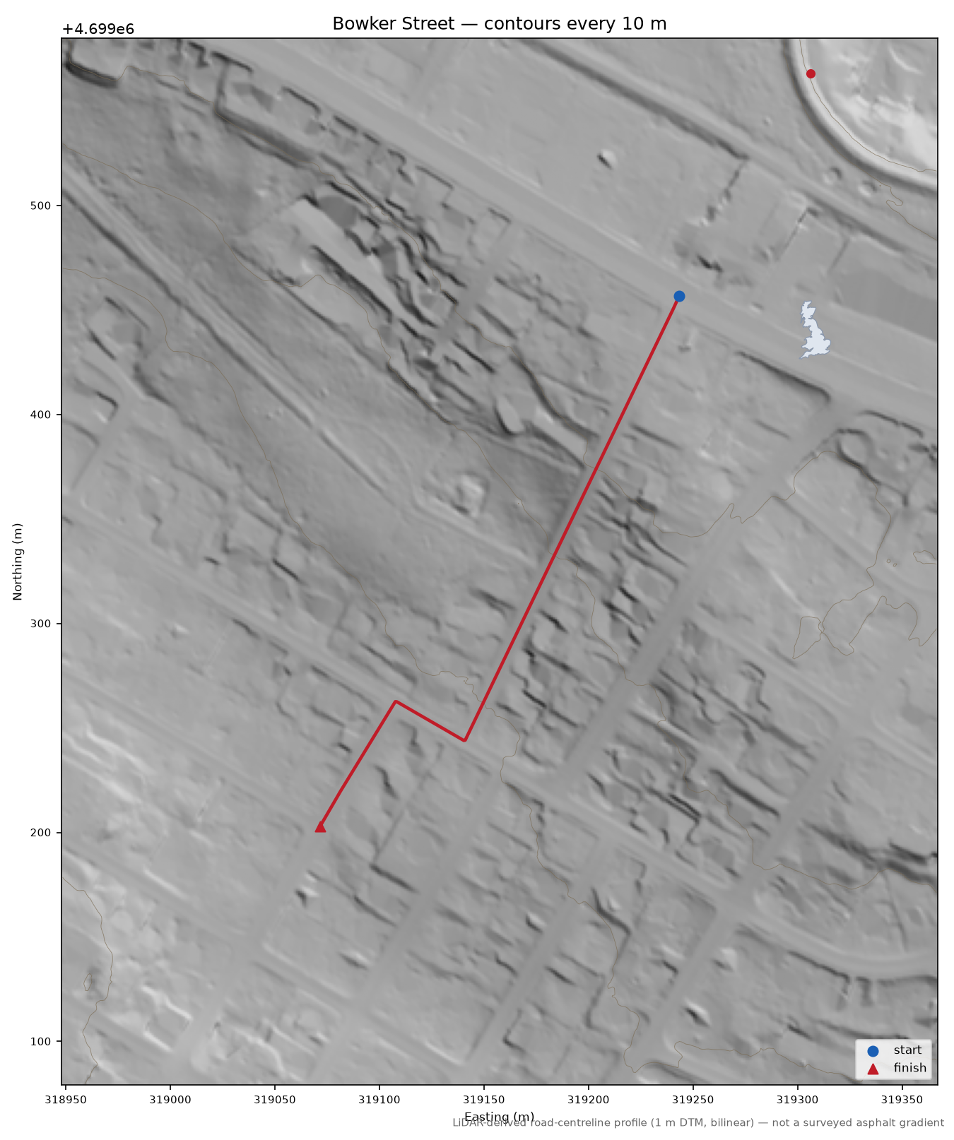 Bowker Street LiDAR hillshade map with contours