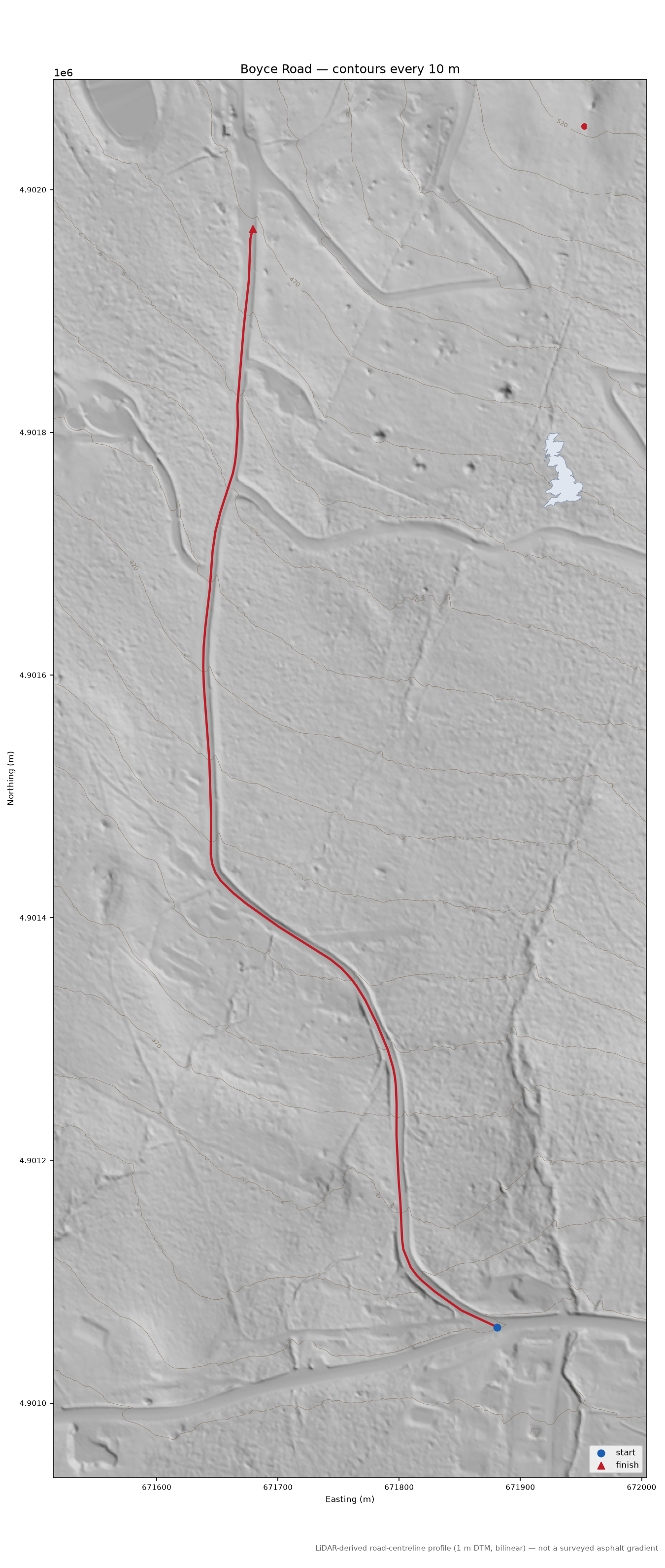 Boyce Road LiDAR hillshade map with contours