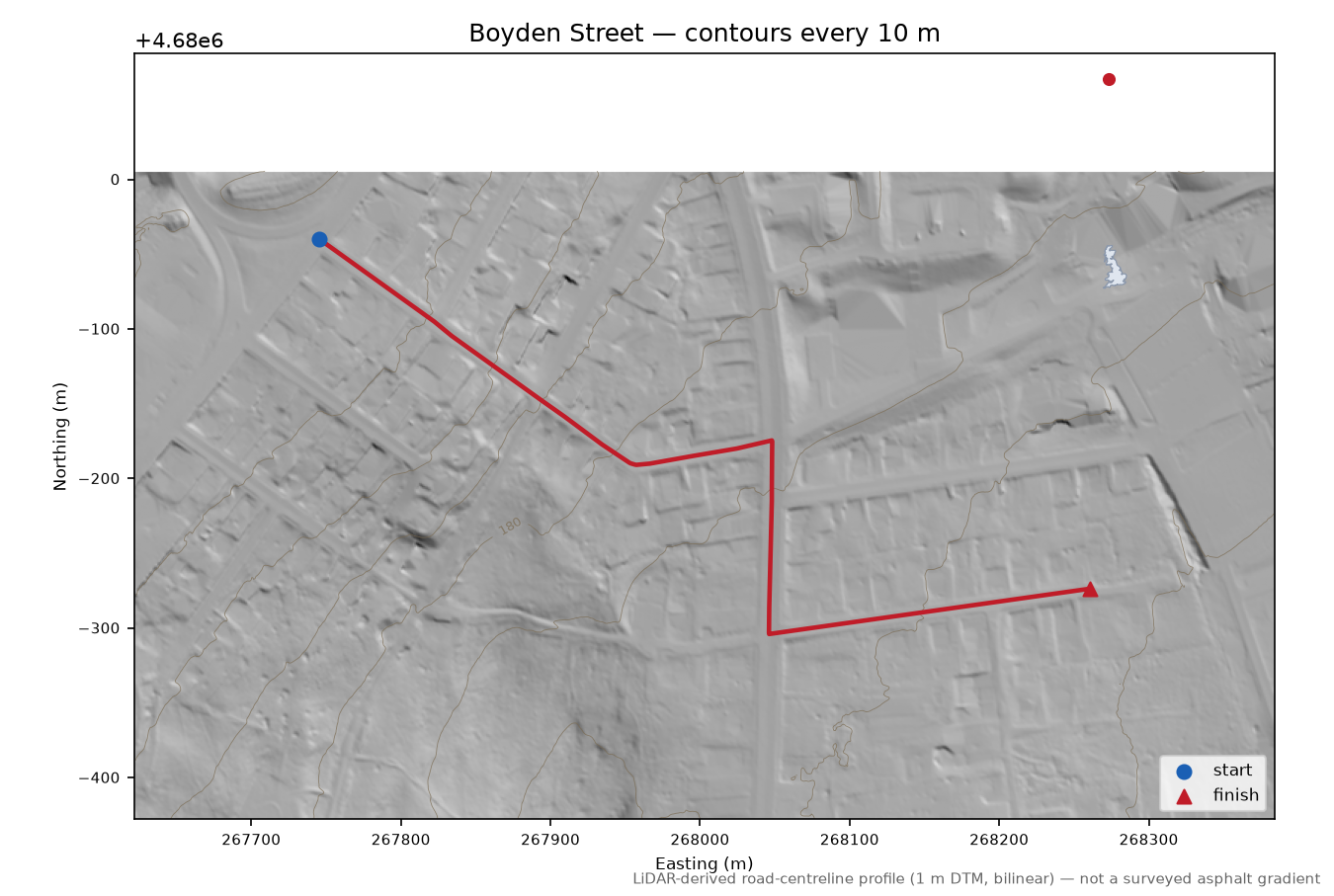 Boyden Street LiDAR hillshade map with contours