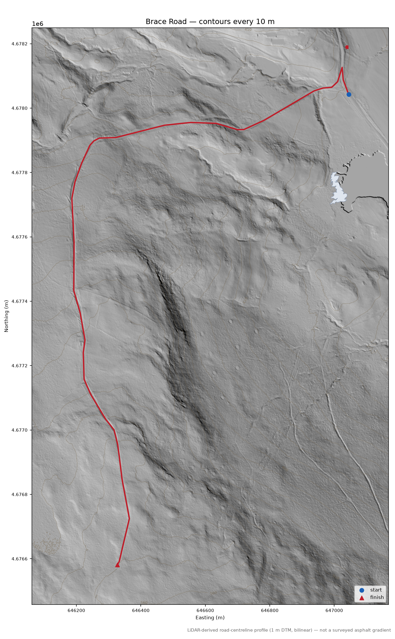 Brace Road LiDAR hillshade map with contours