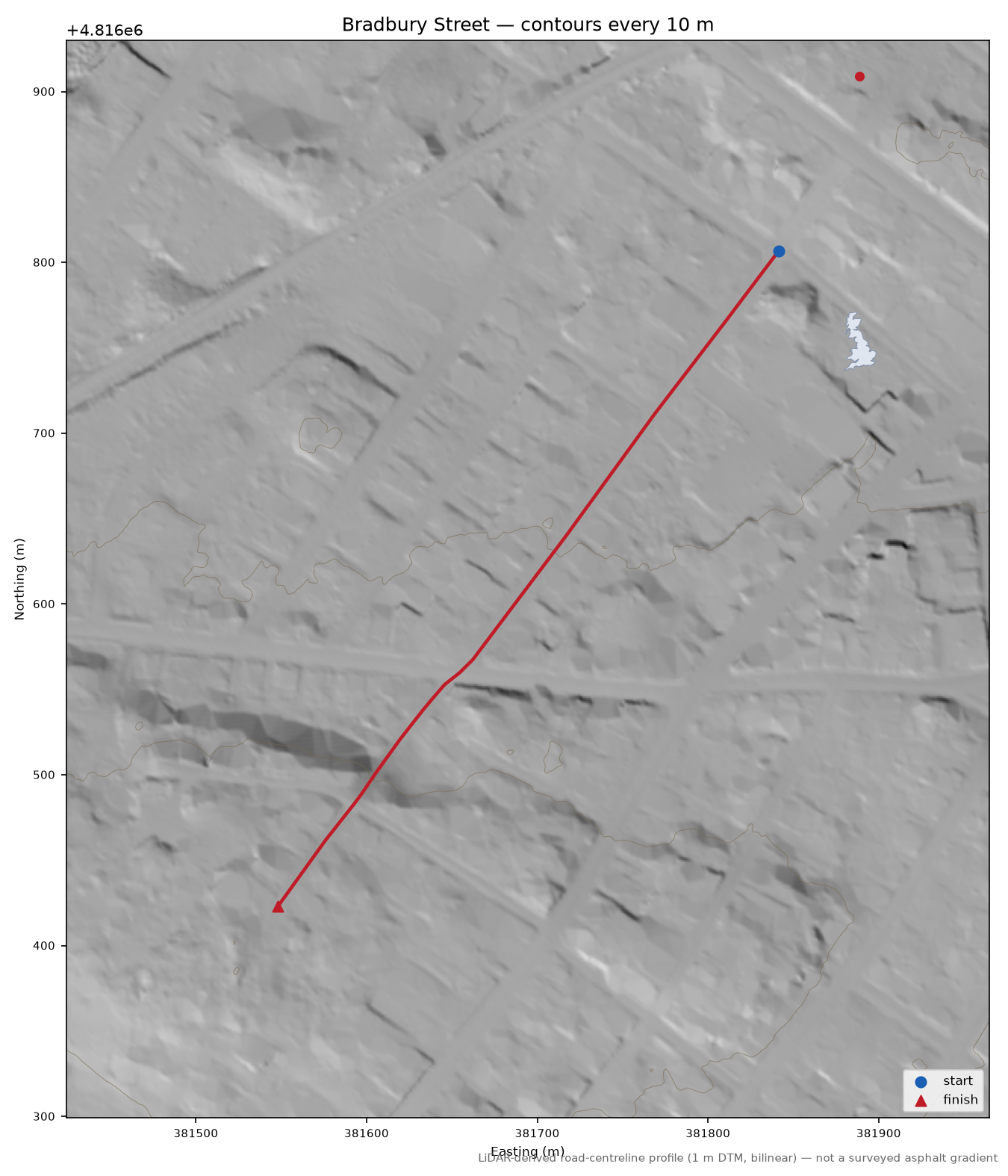 Bradbury Street LiDAR hillshade map with contours