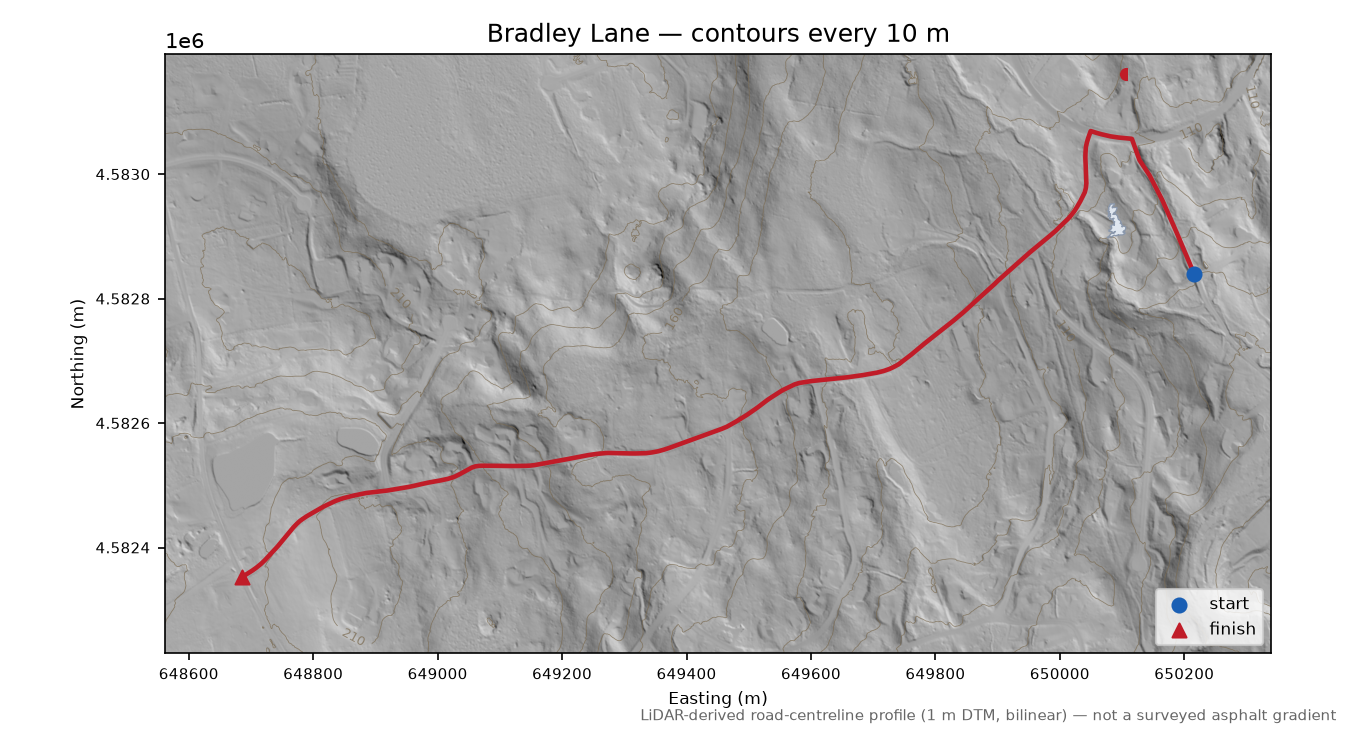 Bradley Lane LiDAR hillshade map with contours