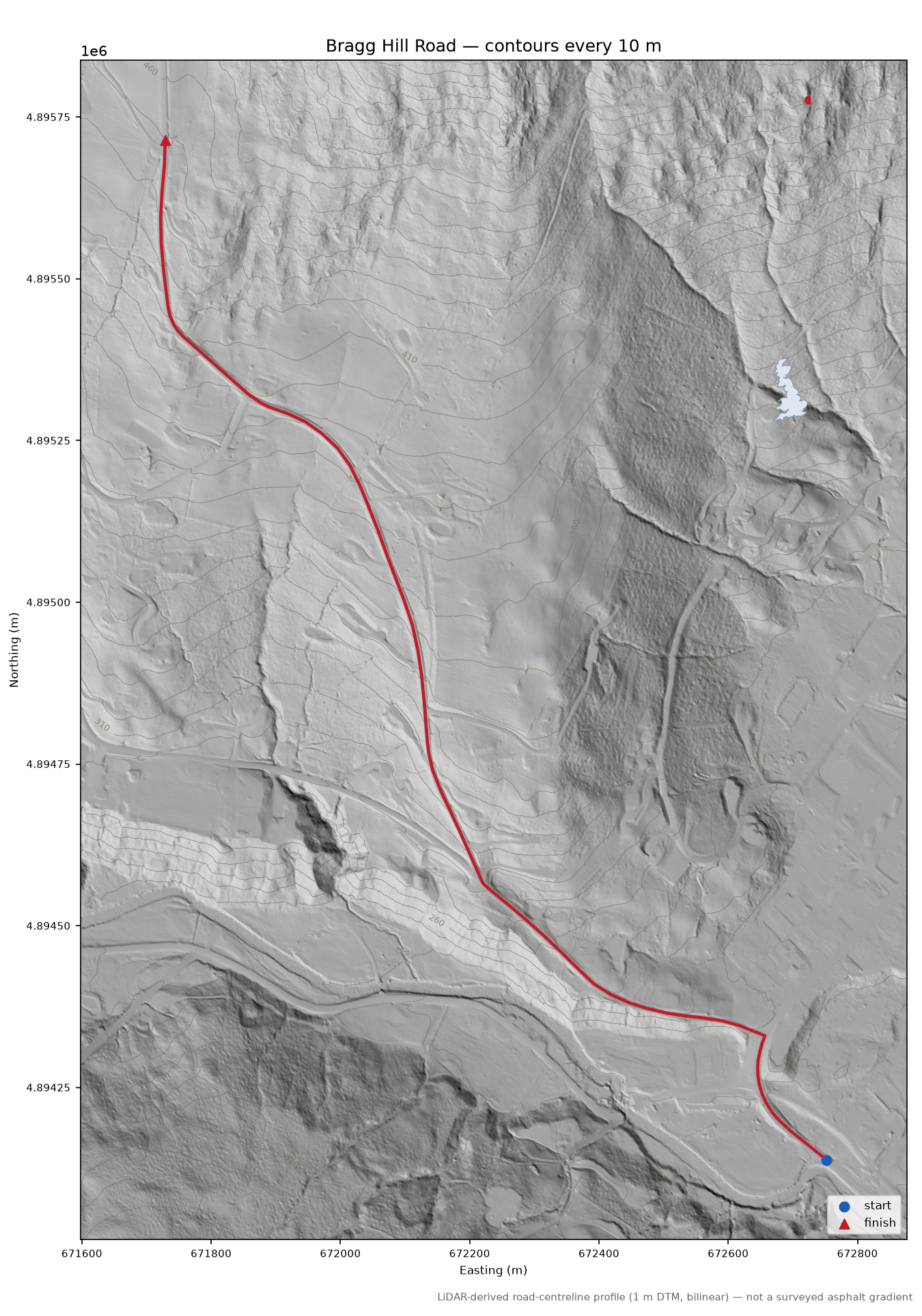 Bragg Hill Road LiDAR hillshade map with contours
