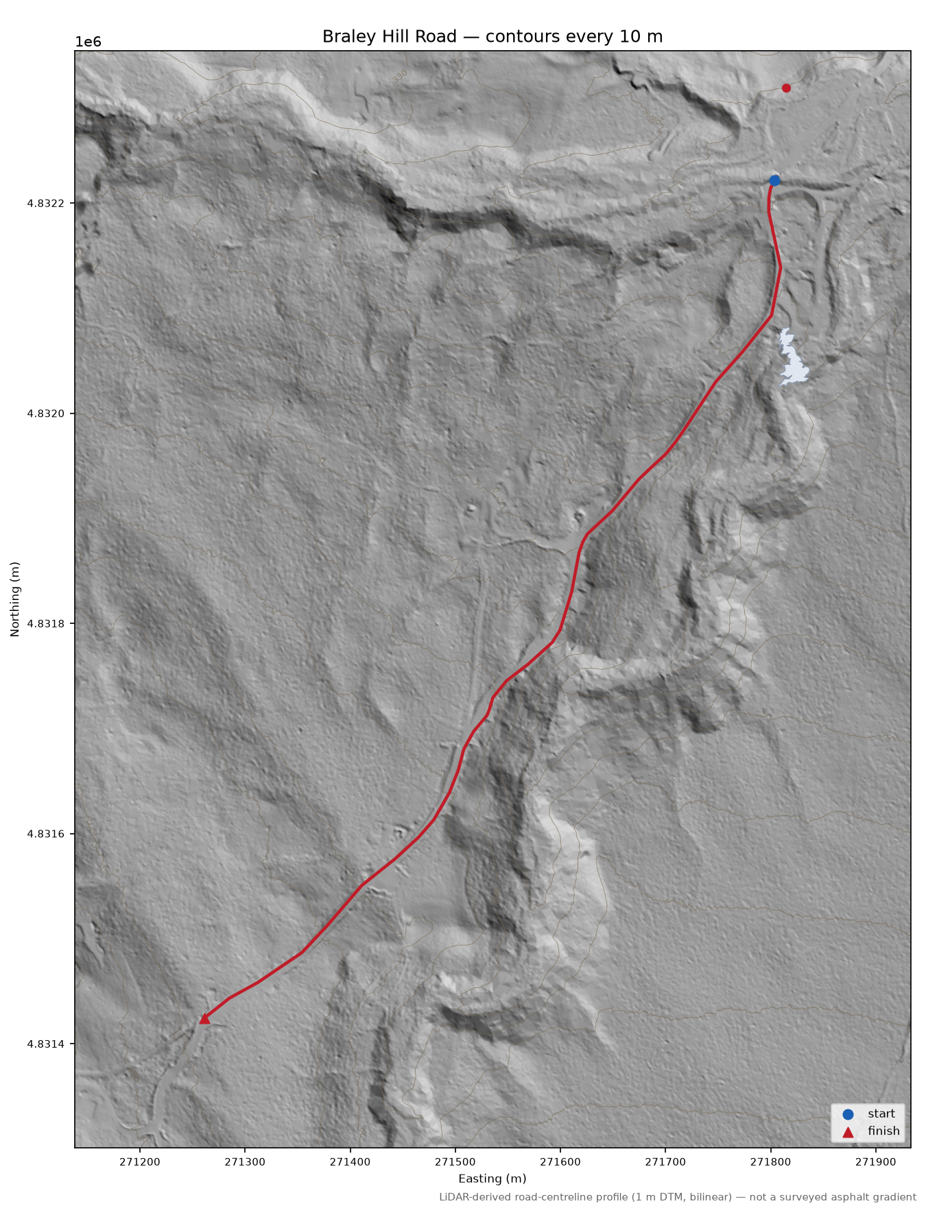 Braley Hill Road LiDAR hillshade map with contours