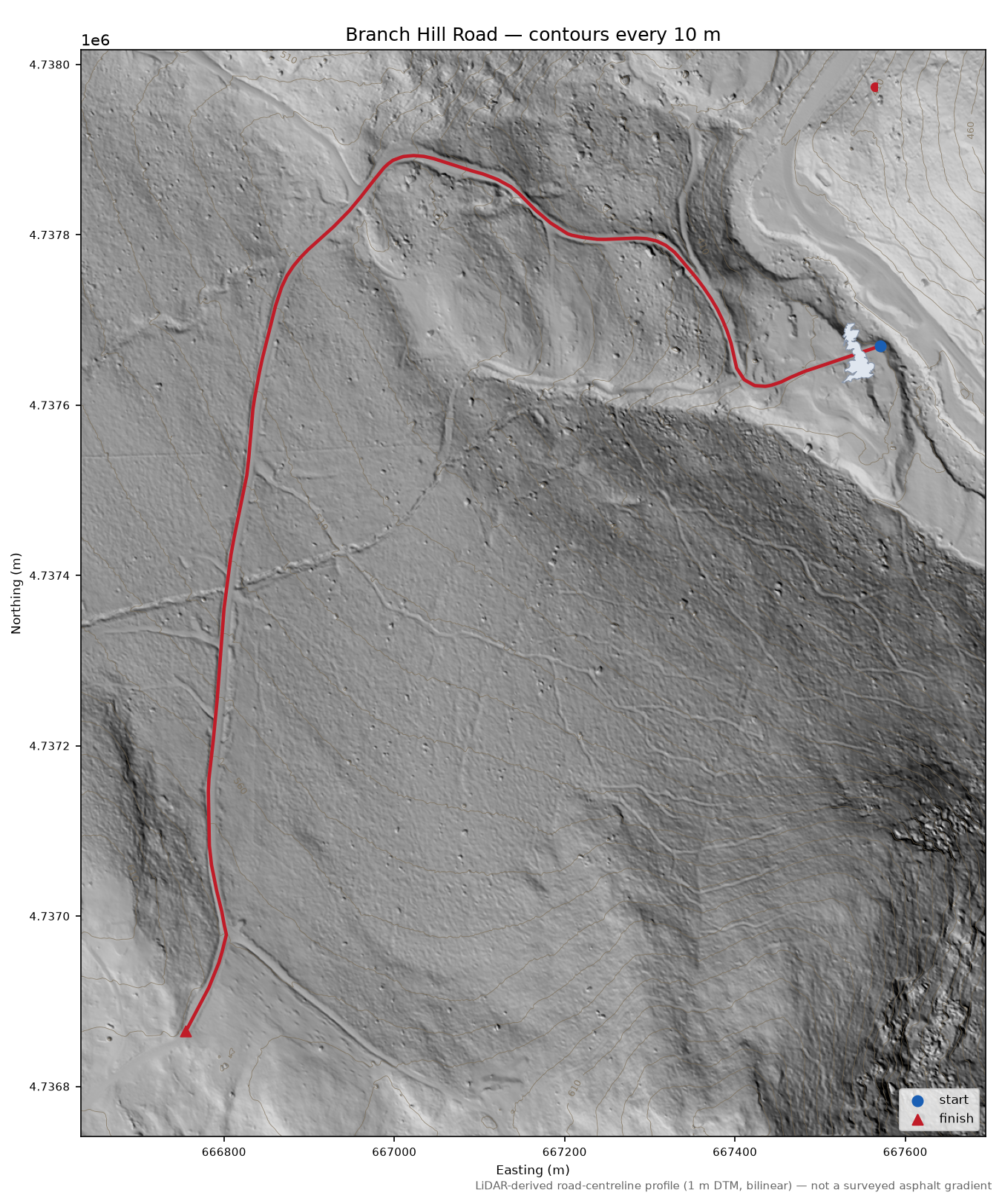Branch Hill Road LiDAR hillshade map with contours