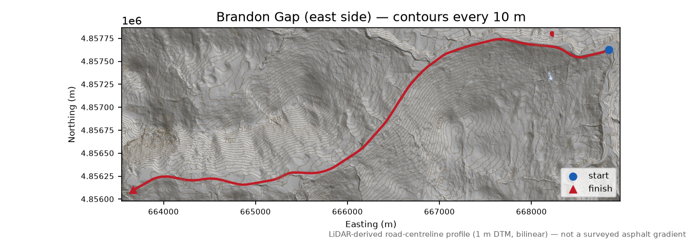 Brandon Gap (east side) LiDAR hillshade map with contours