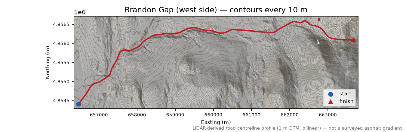 Brandon Gap (west side) LiDAR hillshade map with contours