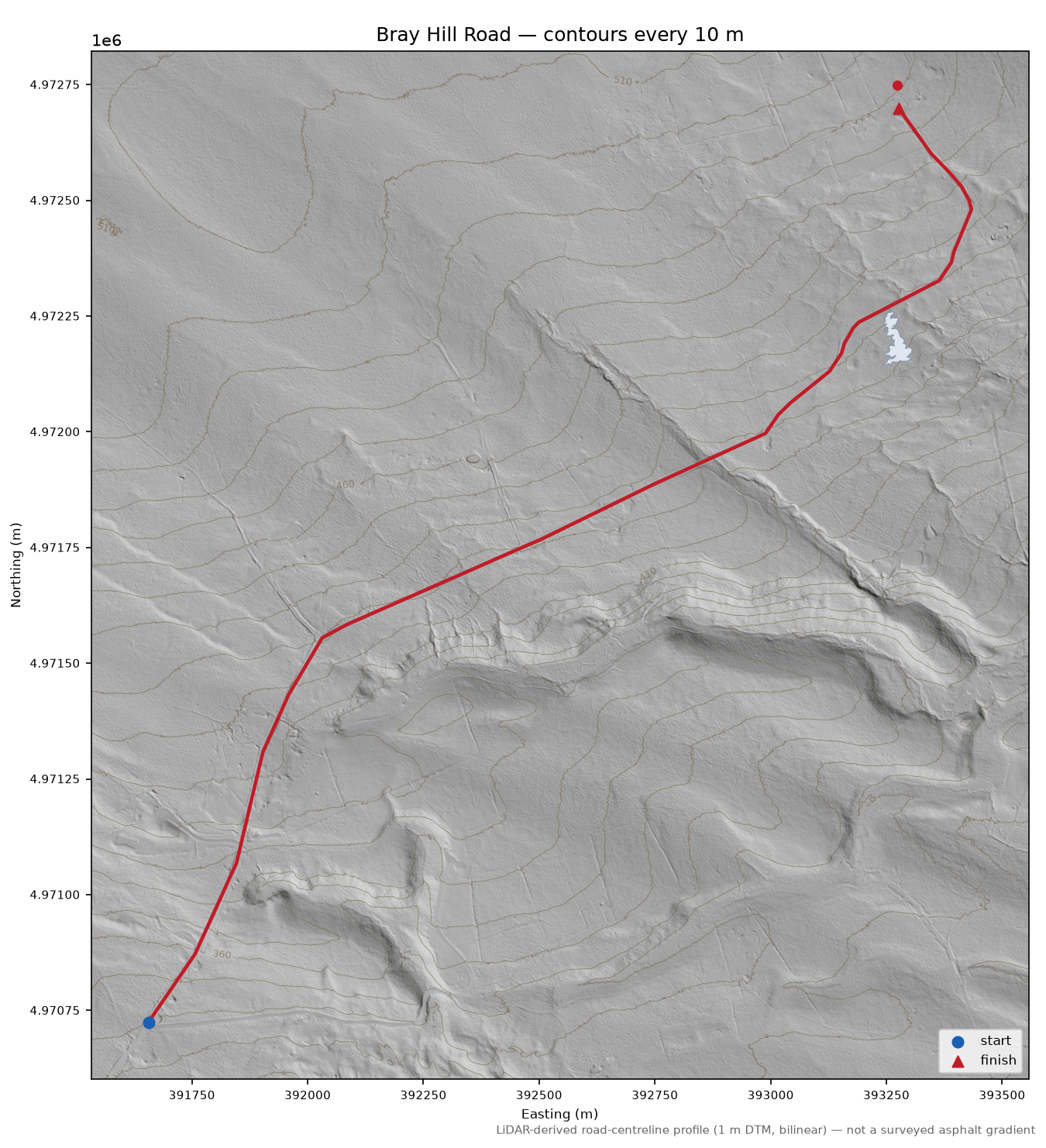Bray Hill Road LiDAR hillshade map with contours