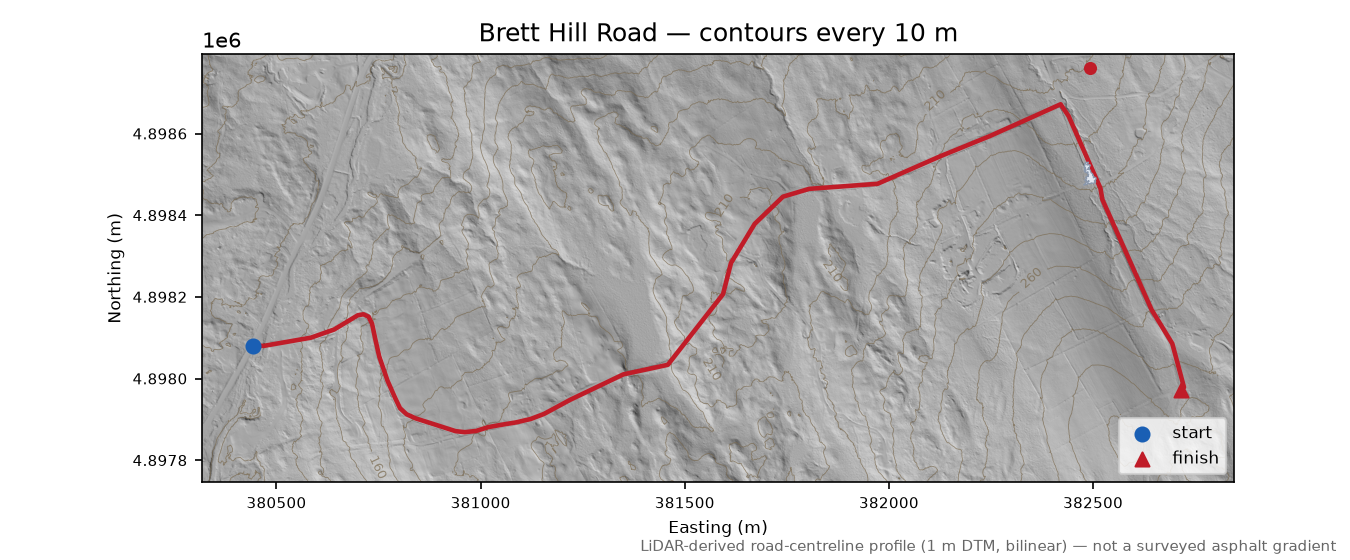 Brett Hill Road LiDAR hillshade map with contours