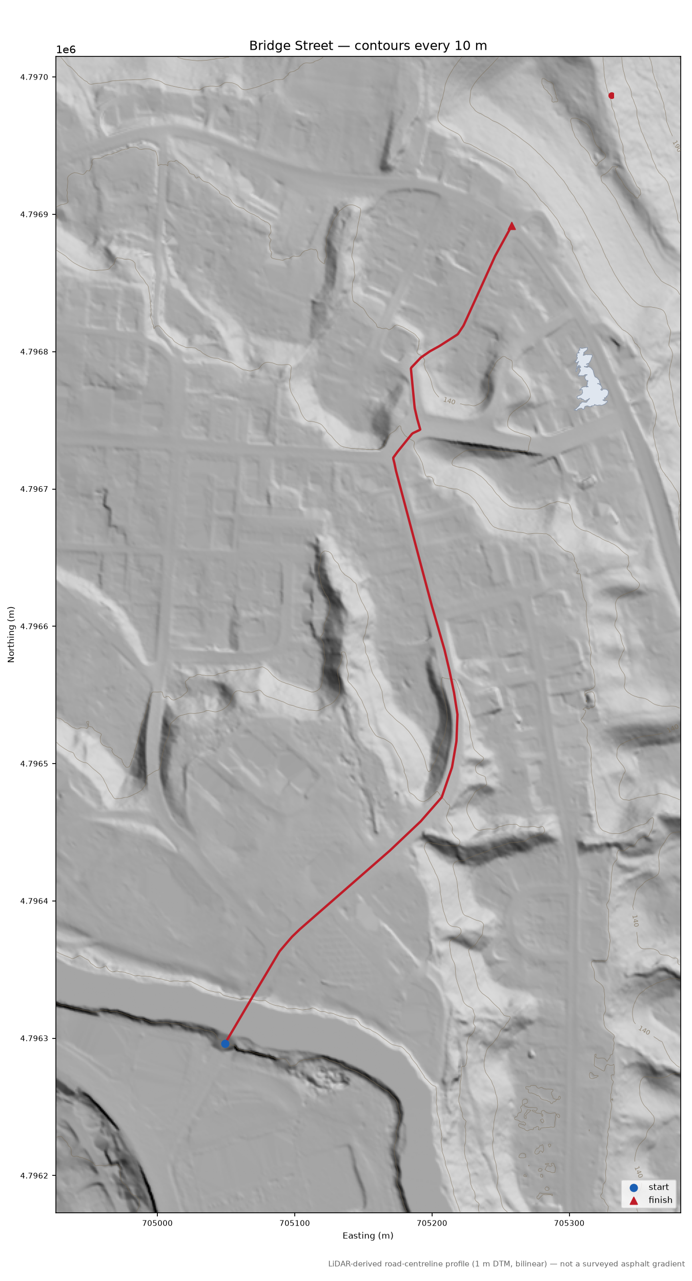 Bridge Street LiDAR hillshade map with contours