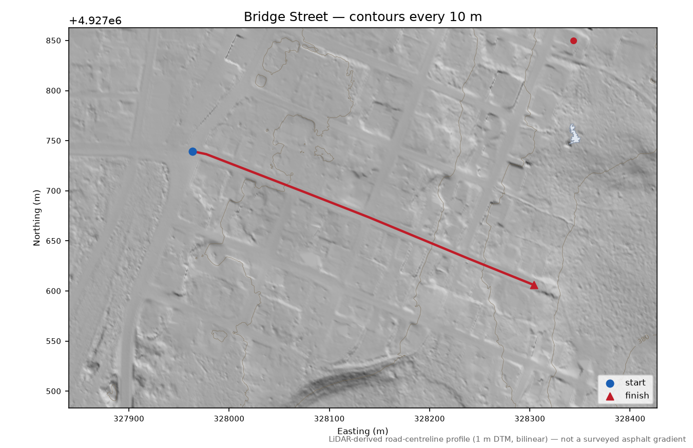 Bridge Street LiDAR hillshade map with contours