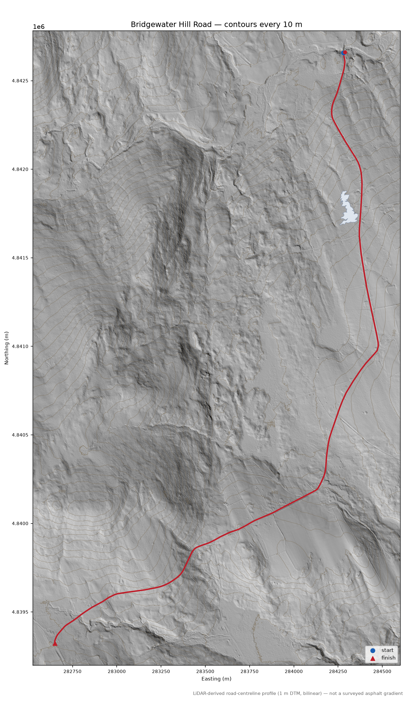 Bridgewater Hill Road LiDAR hillshade map with contours