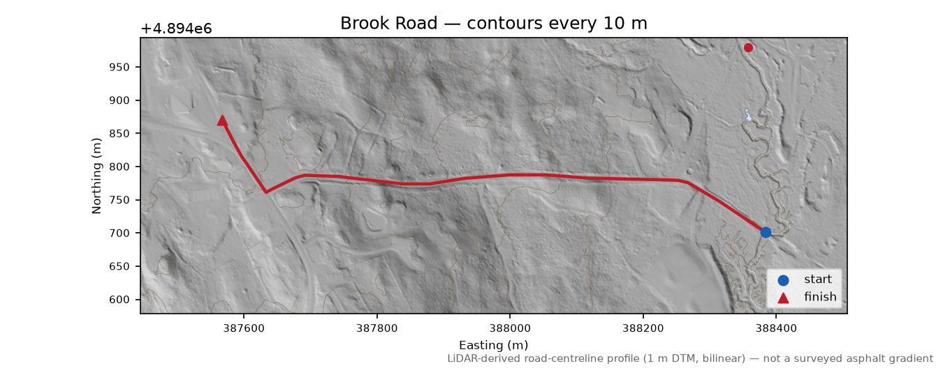 Brook Road LiDAR hillshade map with contours
