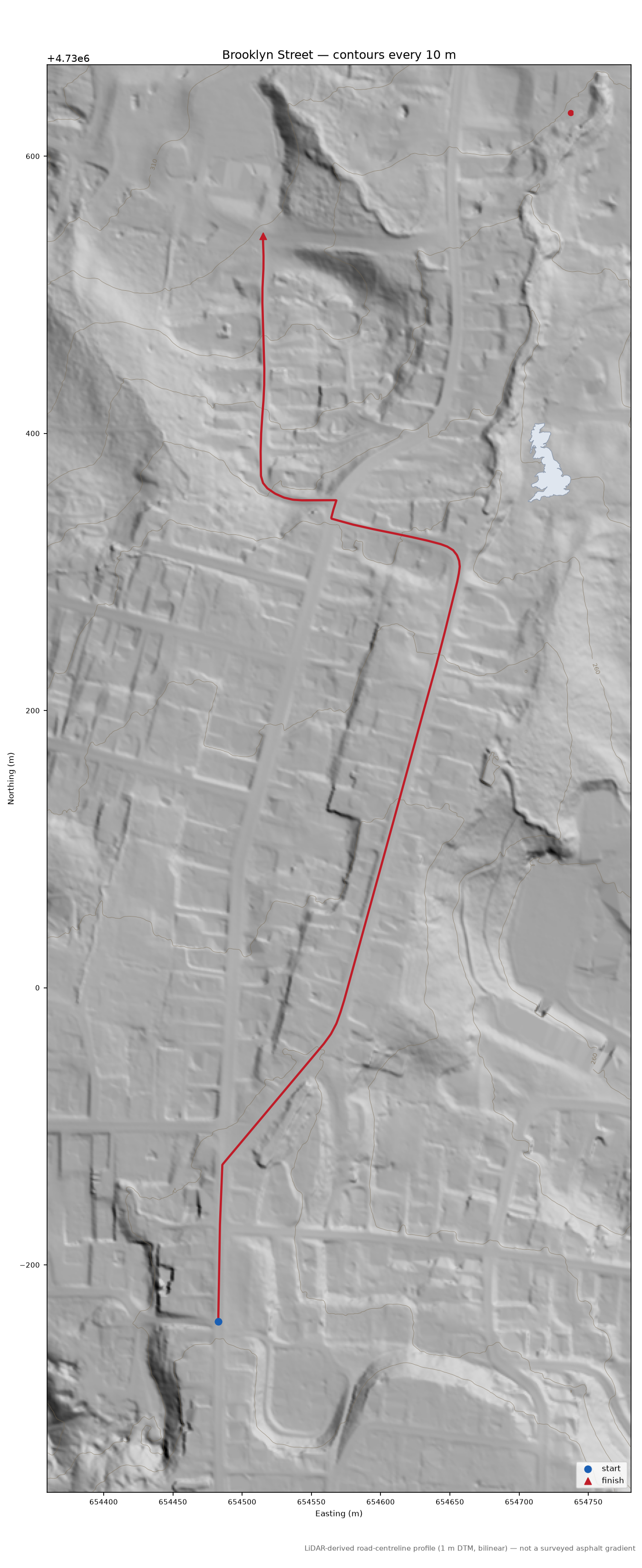 Brooklyn Street LiDAR hillshade map with contours