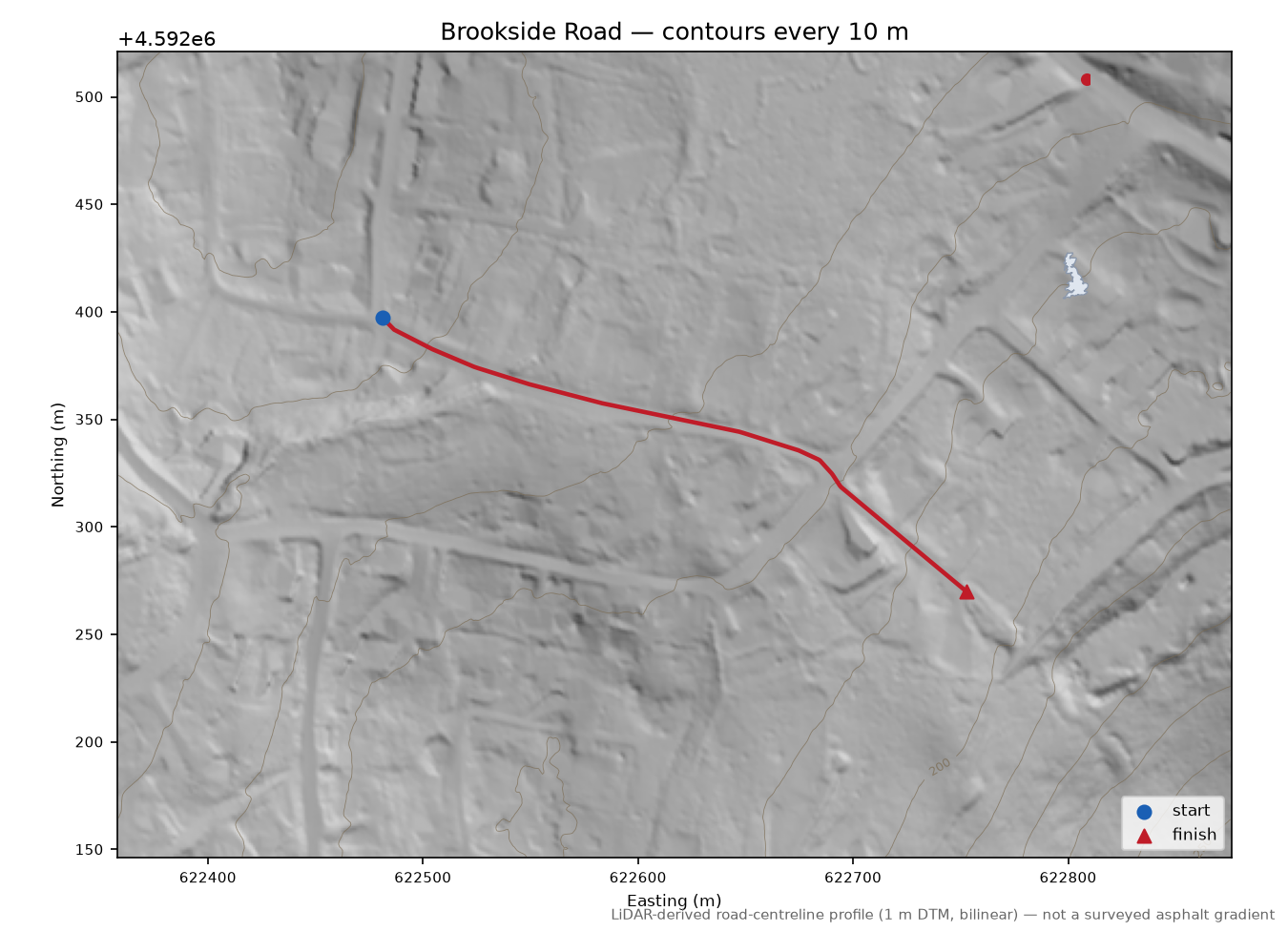 Brookside Road LiDAR hillshade map with contours