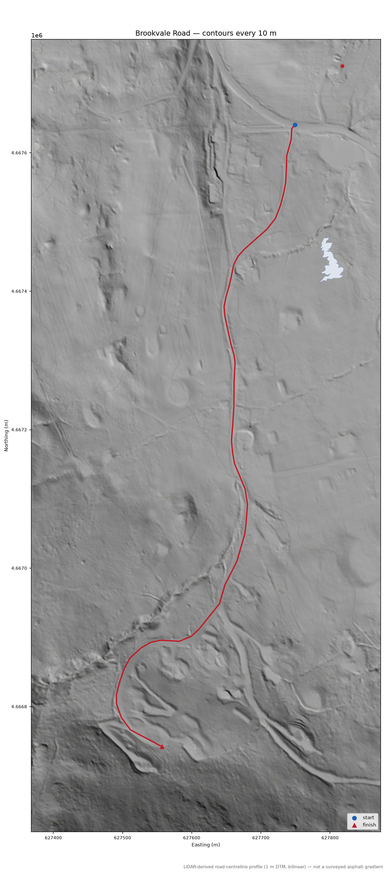 Brookvale Road LiDAR hillshade map with contours